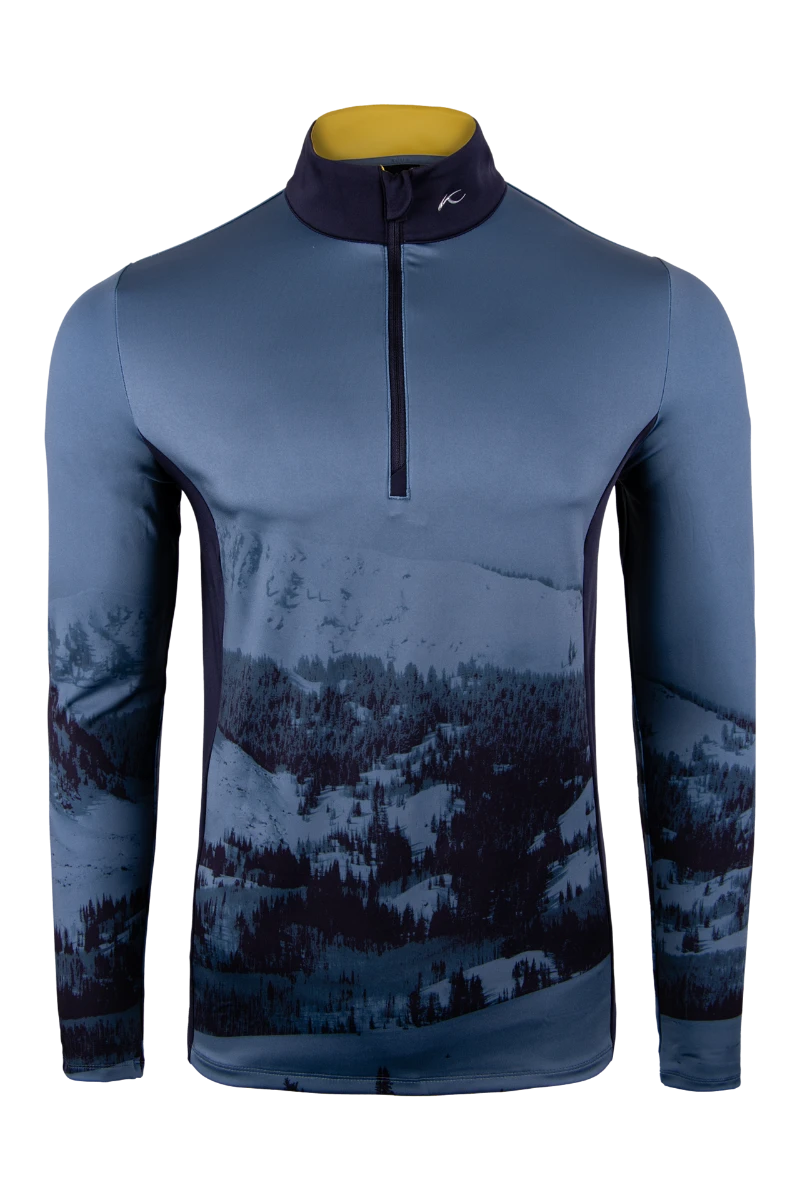 KJUS MEN'S REVEL PRINTED MIDLAYER HALF-ZIP Steel Blue/Deep Space 1 KJUS MEN'S REVEL PRINTED MIDLAYER HALF-ZIP Steel Blue/Deep Space